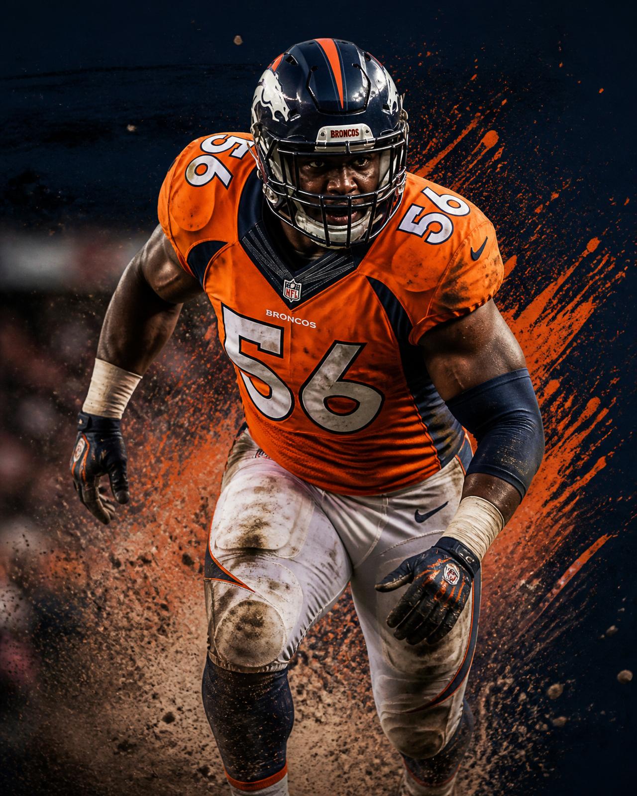 Michael Brooks #56 charging forward in Denver Broncos jersey