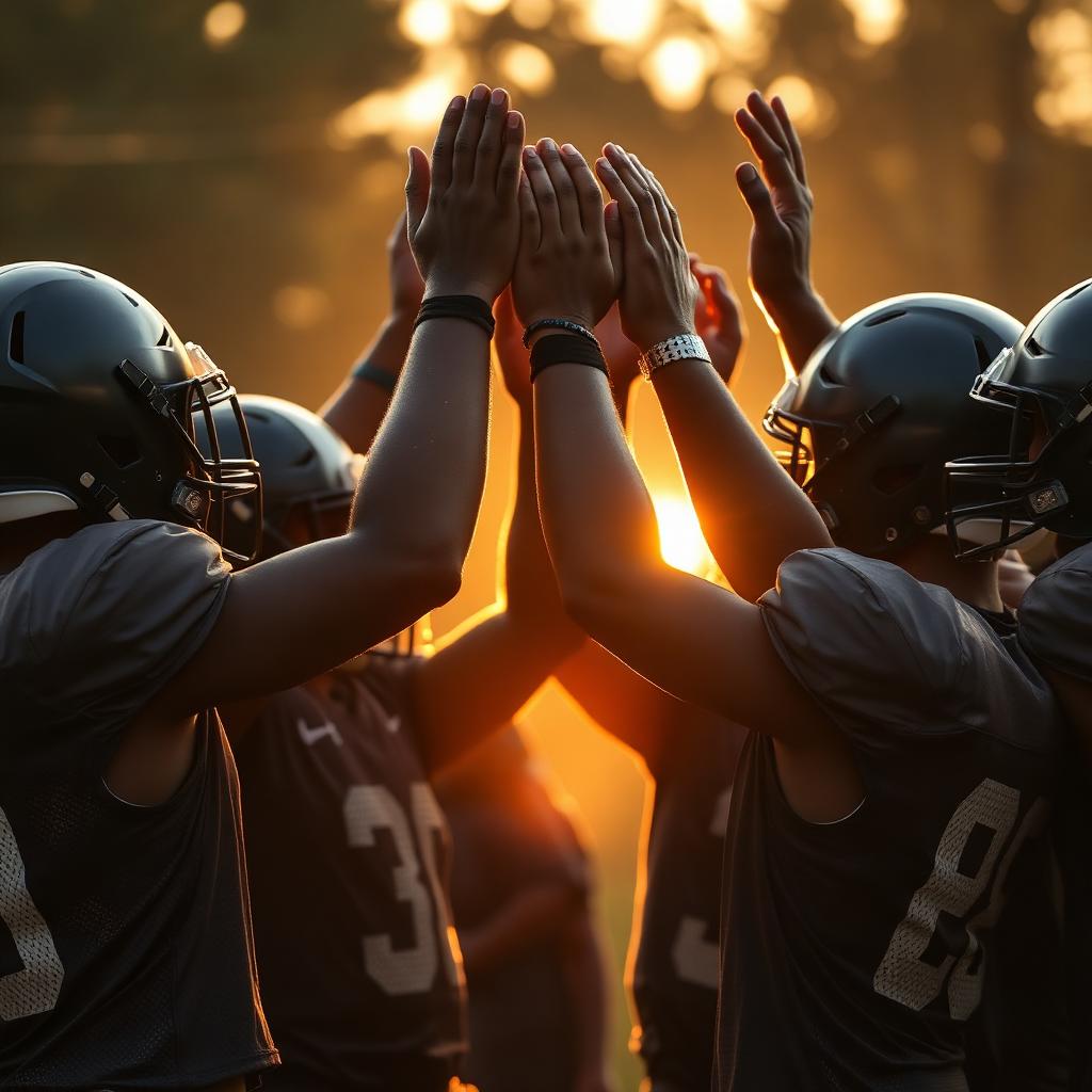 Campers celebrating together at sunset
