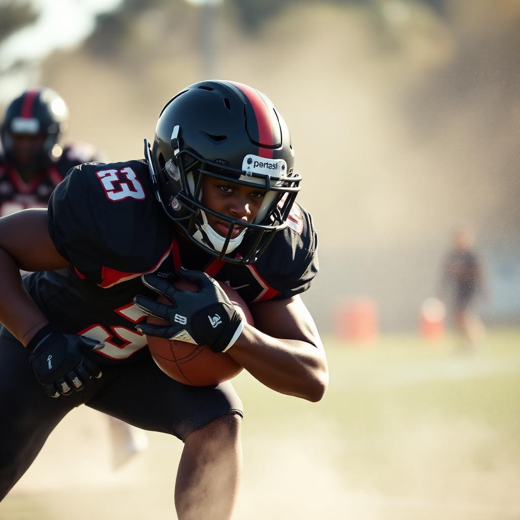 Young running back powering through a tackling drill